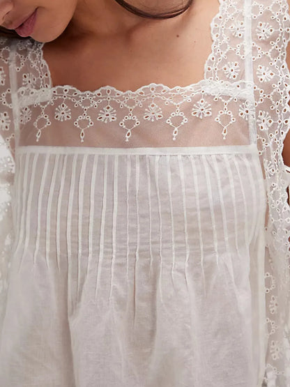 Women's Lace Trim Eyelet Square Neck Top - Blouses