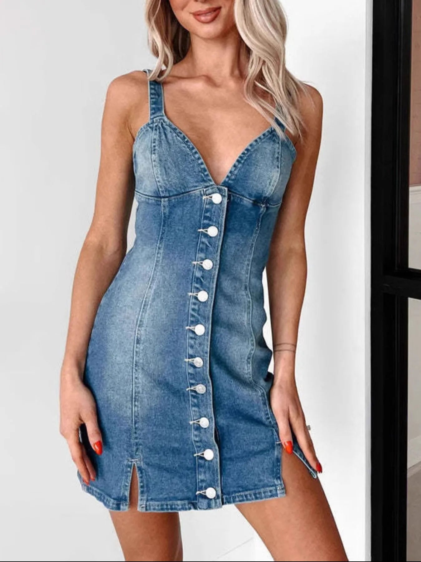 Button Front V Neck Denim Mini Dress - Mini Dresses