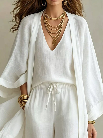 Three-Piece Lounge Set with V-Neck Top, Open Cardigan and Drawstring Pants