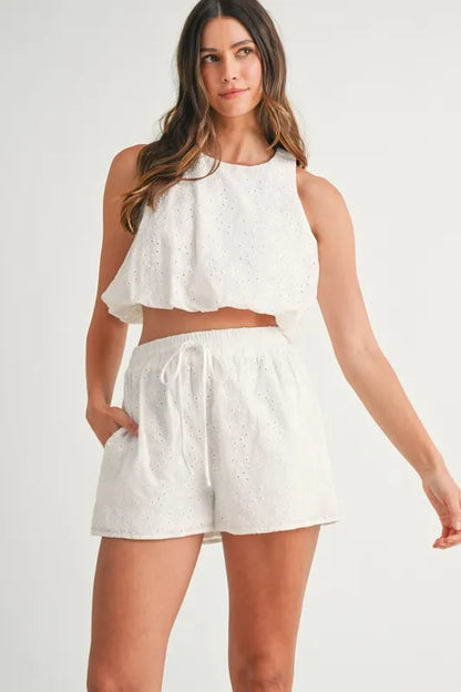 Eyelet Bubble Hem Sleeveless Top And Shorts Set – outfit idea for women | Ro + Ivy