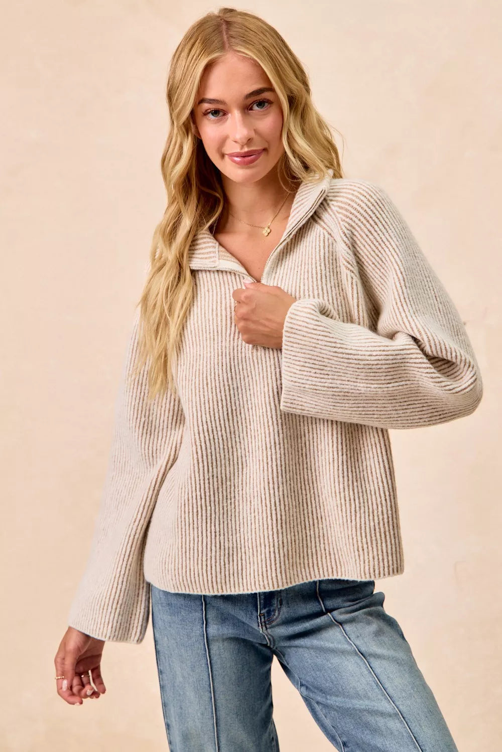 Two Tone Ribbed Knit Collared Zip Up Sweater | Trendy Sweaters Outfit Idea for Women by Ro + Ivy | Elevated Basics, Modern Comfort & Style