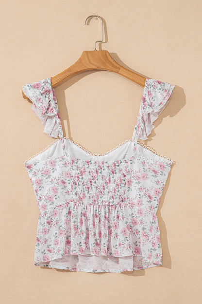 Floral Peplum Flutter Sleeves Tank Top - Tank Tops