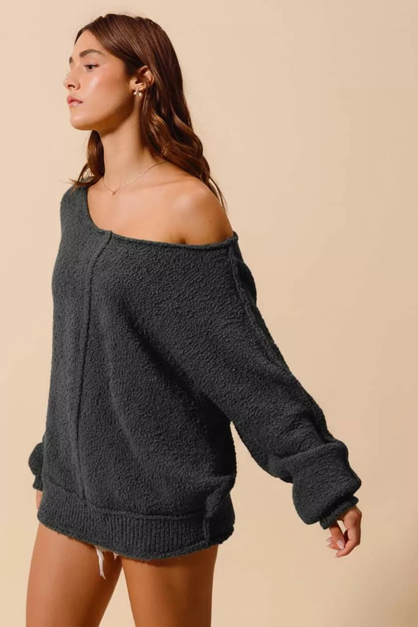 Boucle Loose Fit Sweater with Exposed Seam in Charcoal | Trendy Sweaters Outfit Idea for Women by Ro + Ivy | Elevated Basics, Modern Comfort & Style