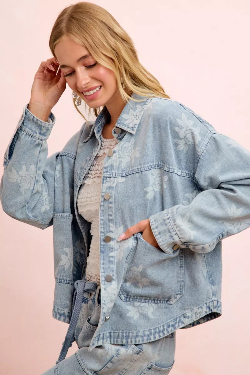 Women's Printed Washed Denim Jacket with Pocket - Jackets