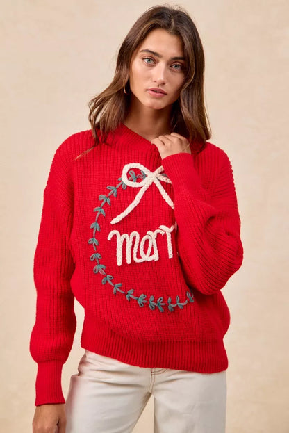 "Merry" Lettering Christmas Wreath Crewneck Sweater | Trendy Sweaters Outfit Idea for Women by Ro + Ivy | Elevated Basics, Modern Comfort & Style