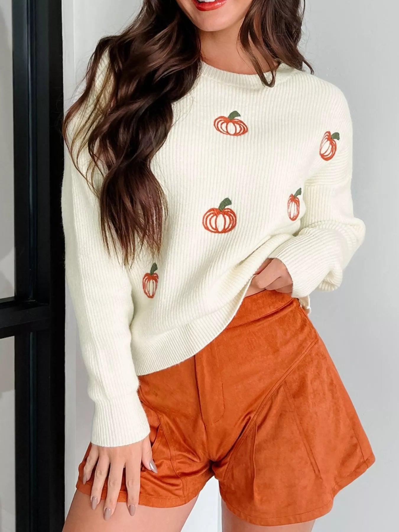 Fall Pumpkin Embroidered Round Neck Long Sleeve Sweater