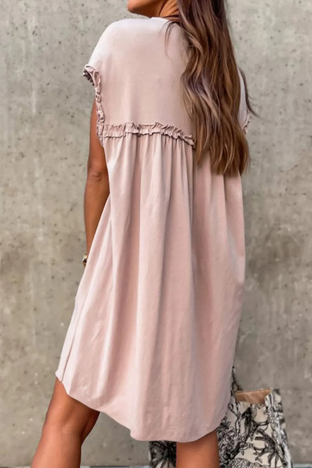 Frilled Trim Crew Neck Short Sleeve Loose Mini Dress - Mini Dresses
