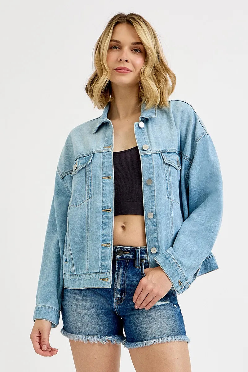 LIGHT Dropped Shoulder Button Up Washed Denim Jacket | Trendy Denim Jackets Outfit Idea for Women by Ro + Ivy | Elevated Basics, Modern Comfort & Style