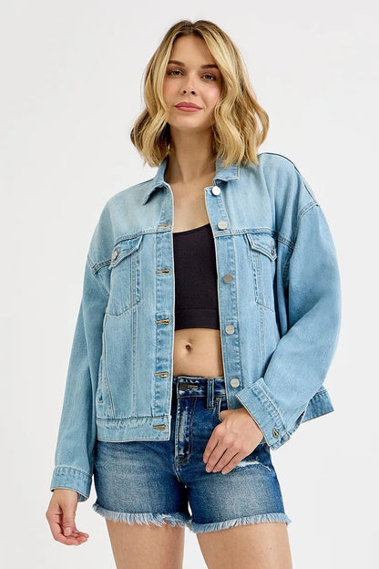 LIGHT Dropped Shoulder Button Up Washed Denim Jacket | Trendy Denim Jackets Outfit Idea for Women by Ro + Ivy | Elevated Basics, Modern Comfort & Style