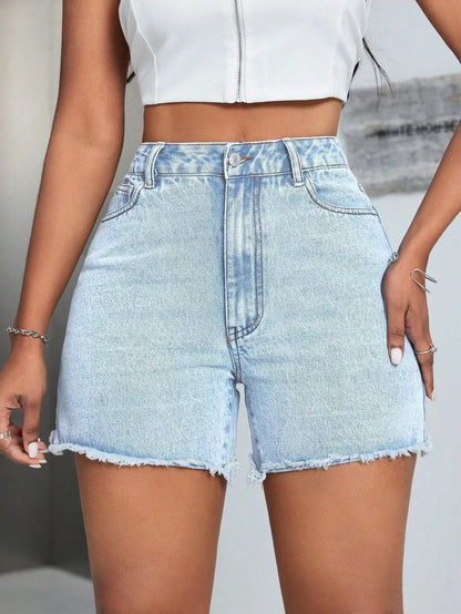 High-Waisted Raw Hem Denim Shorts - Shorts