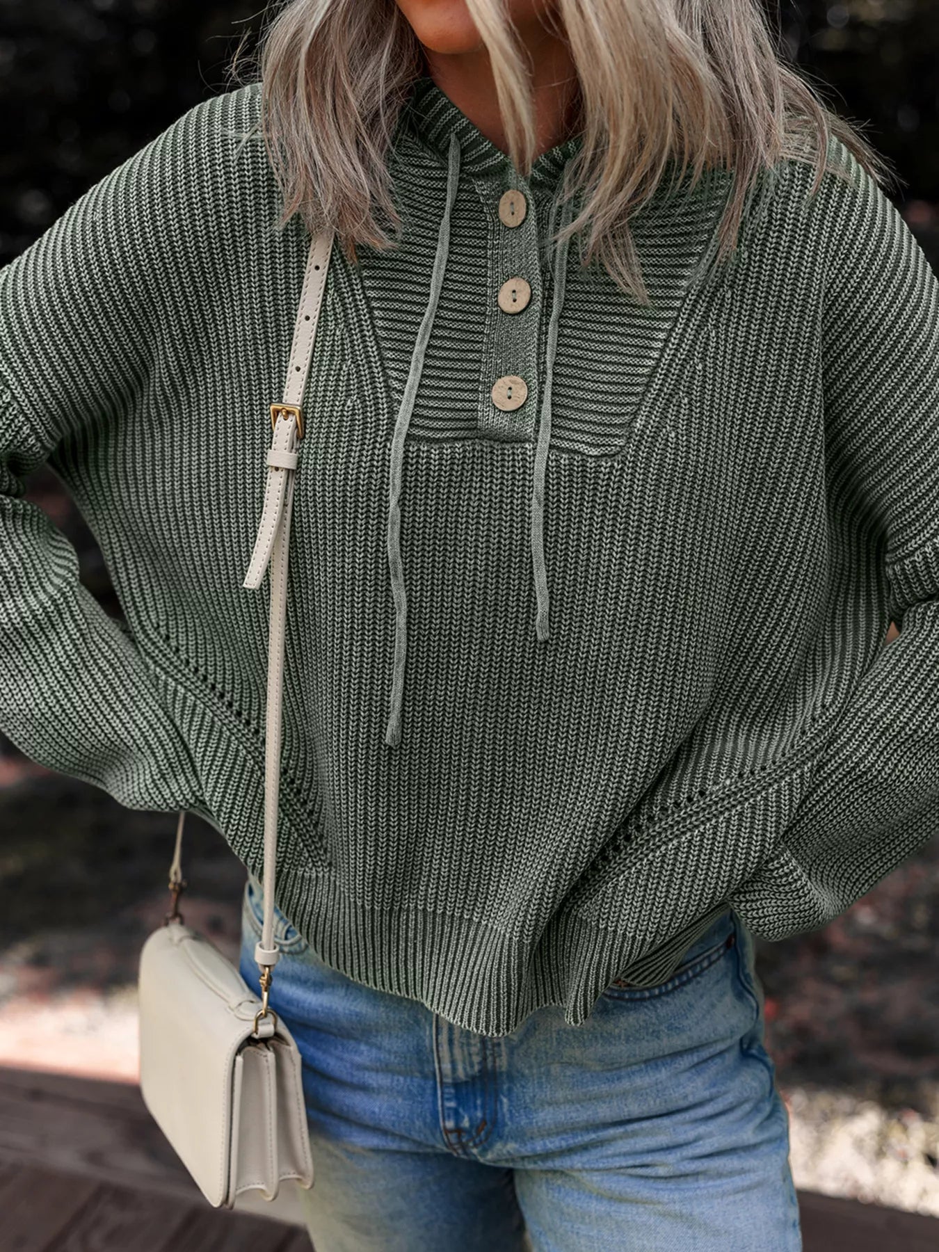 Women's Mineral Wash Ribbed Knit Hooded Sweater - Pullover Hoodies