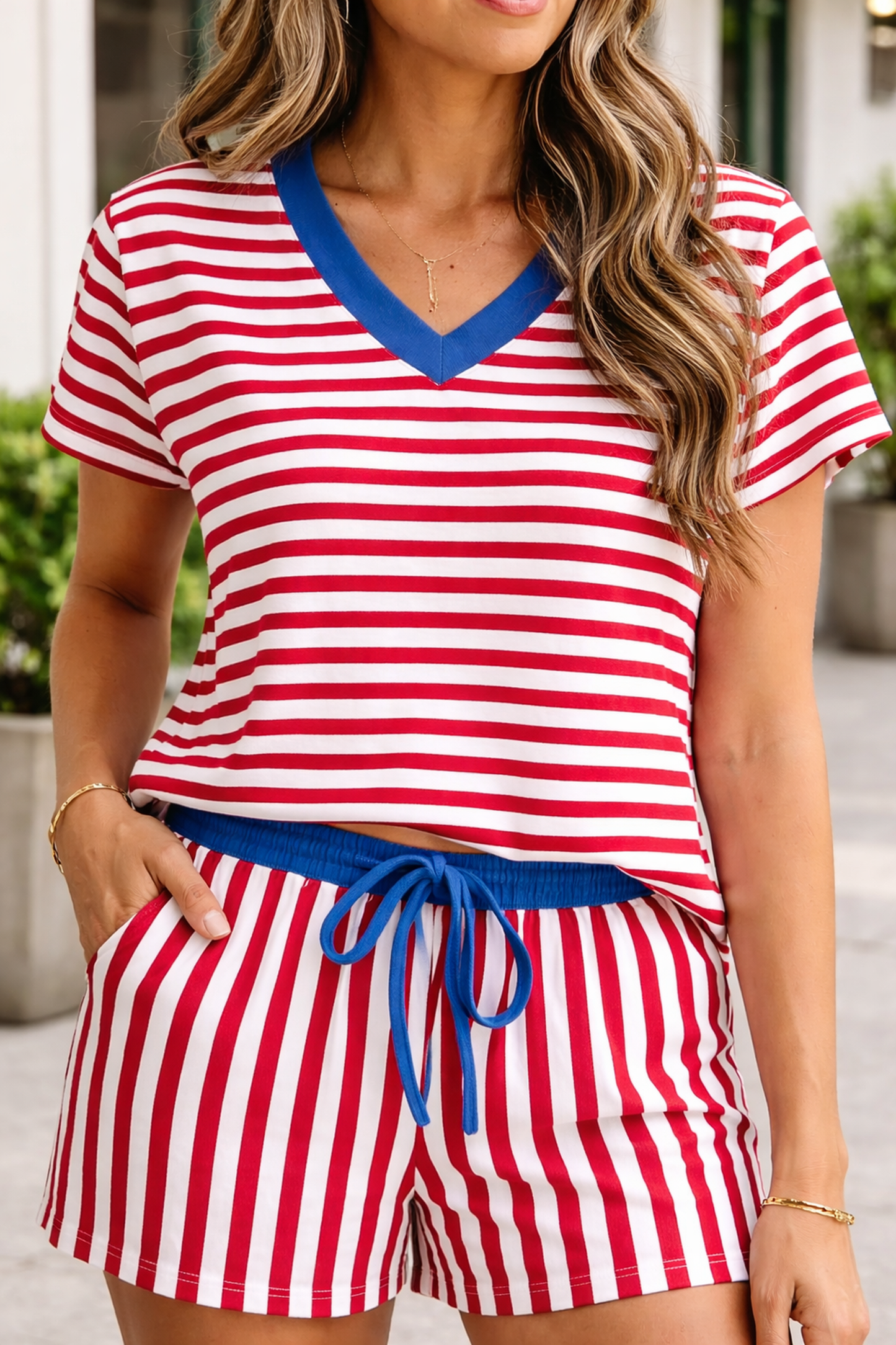 Striped V-Neck Contrast Trim Tee & Matching Shorts Two-Piece Set — Cute Casual Style - Short Sets