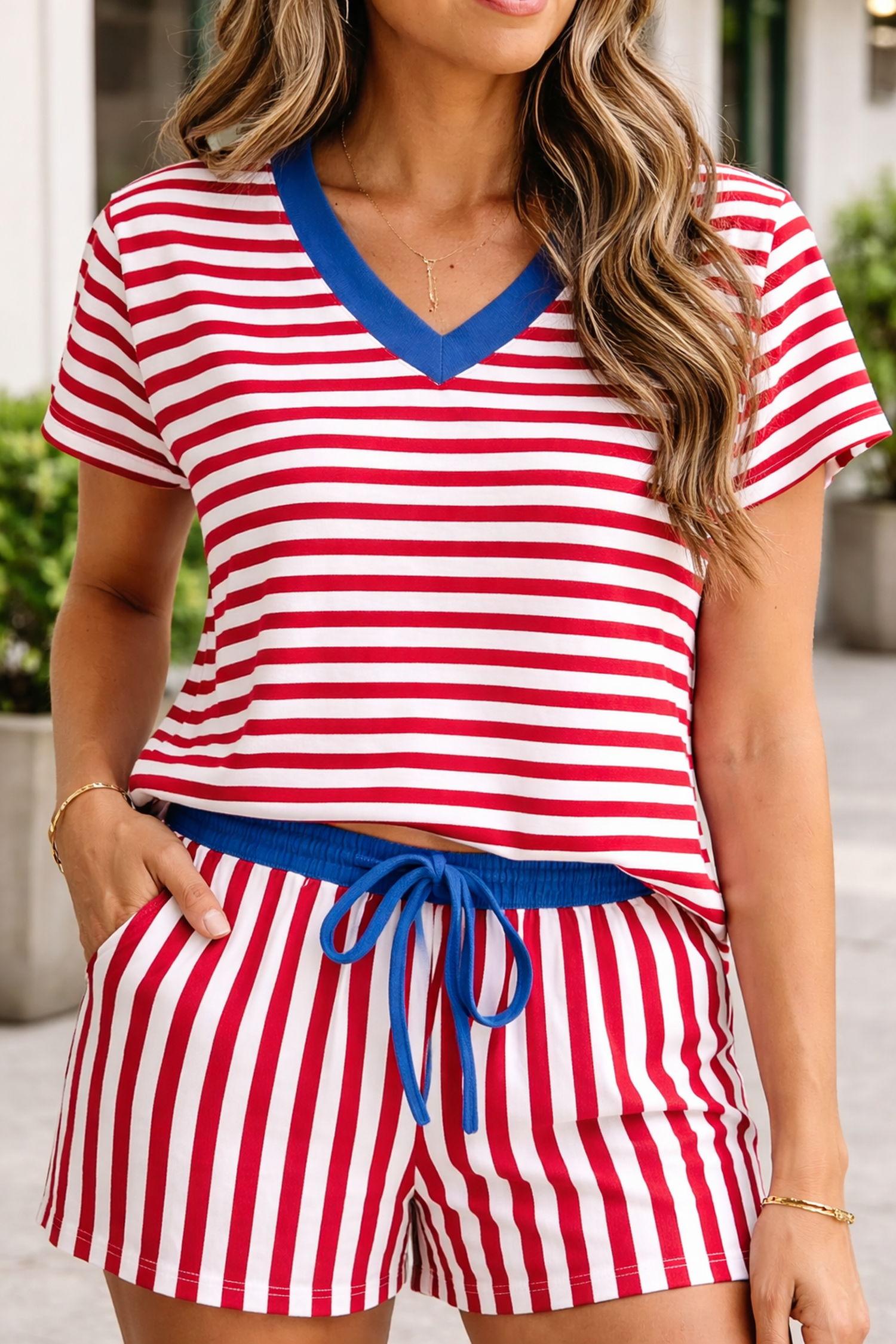 Striped V-Neck Contrast Trim Tee & Matching Shorts Two-Piece Set — Cute Casual Style - Short Sets