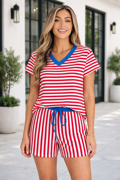Striped V-Neck Contrast Trim Tee & Matching Shorts Two-Piece Set — Cute Casual Style - Red Stripe Short Sets