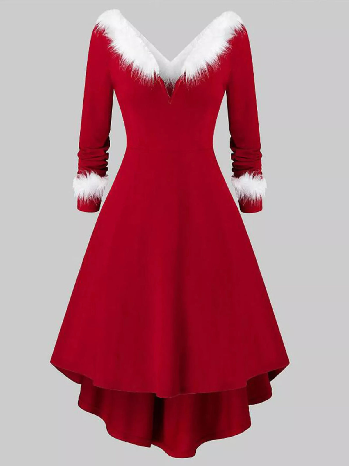 Long-Sleeve Christmas Dress with Fuzzy Trim