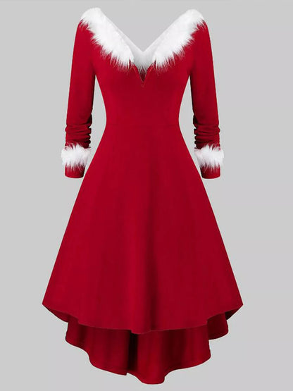 Long-Sleeve Christmas Dress with Fuzzy Trim