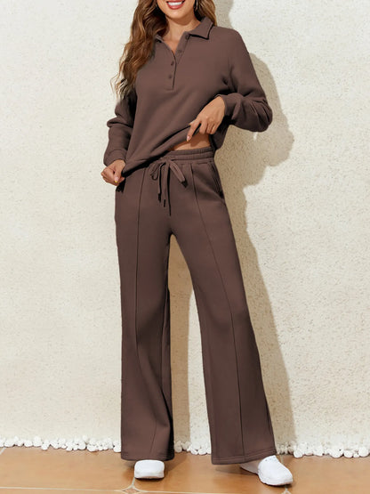 Women's Collared Sweatshirt and High Waist Pants Active Set - Brown Activewear Sets