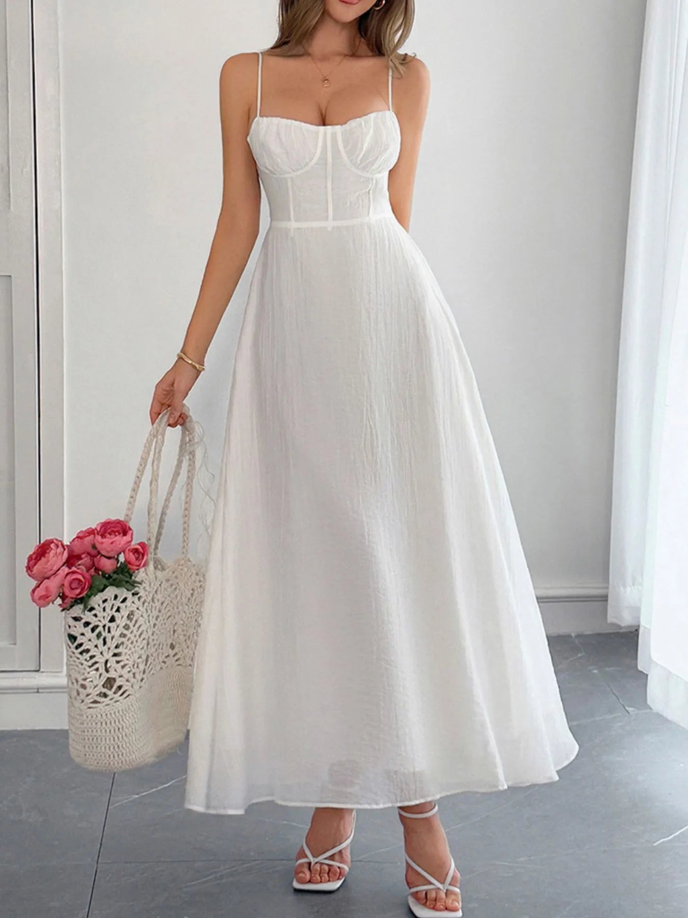 Texture Sweetheart Neck Backless Spaghetti Strap Maxi Dress - White Maxi Dresses