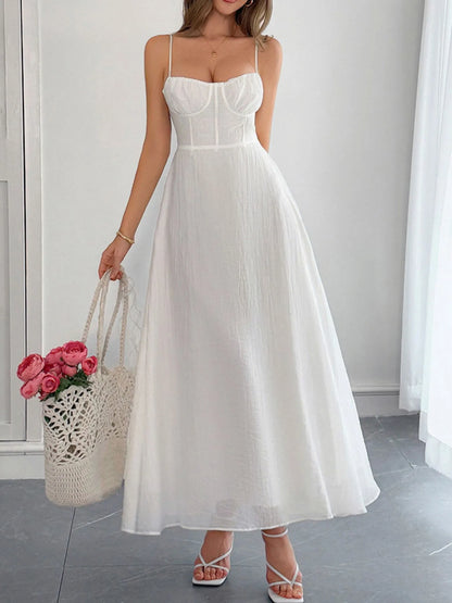 Texture Sweetheart Neck Backless Spaghetti Strap Maxi Dress - White Maxi Dresses