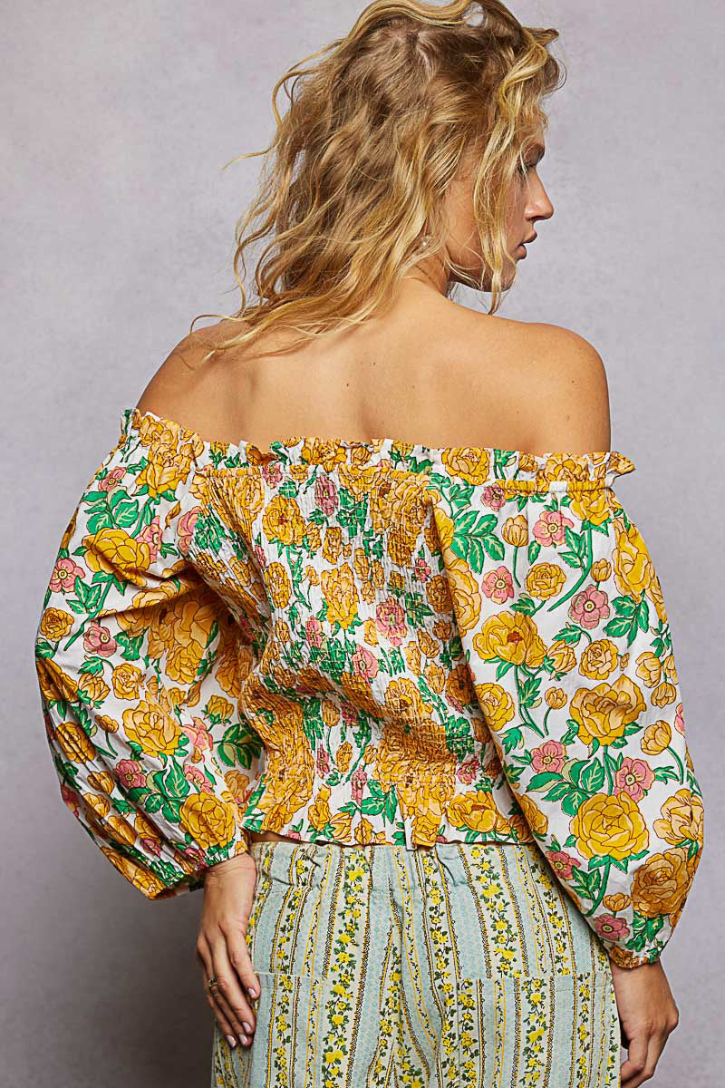 100% Cotton Floral Print Off-Shoulder Smocked Blouse - Blouses