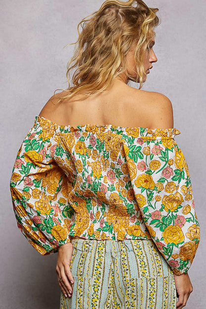 100% Cotton Floral Print Off-Shoulder Smocked Blouse - Blouses