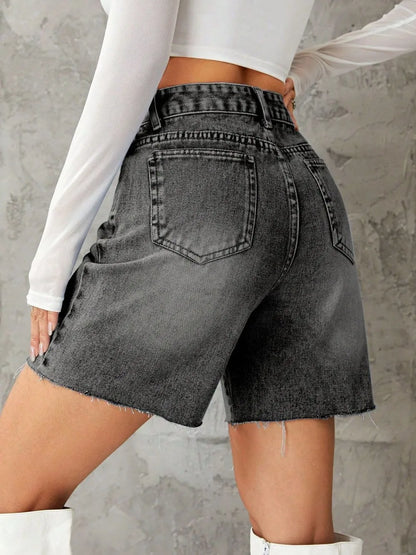 Frayed Hem Long Denim Shorts - Shorts
