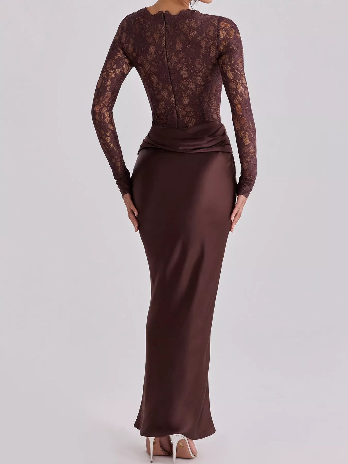 Long-Sleeve Bodycon Maxi Dress with Sheer Lace, Satin Patchwork and Ruched Details