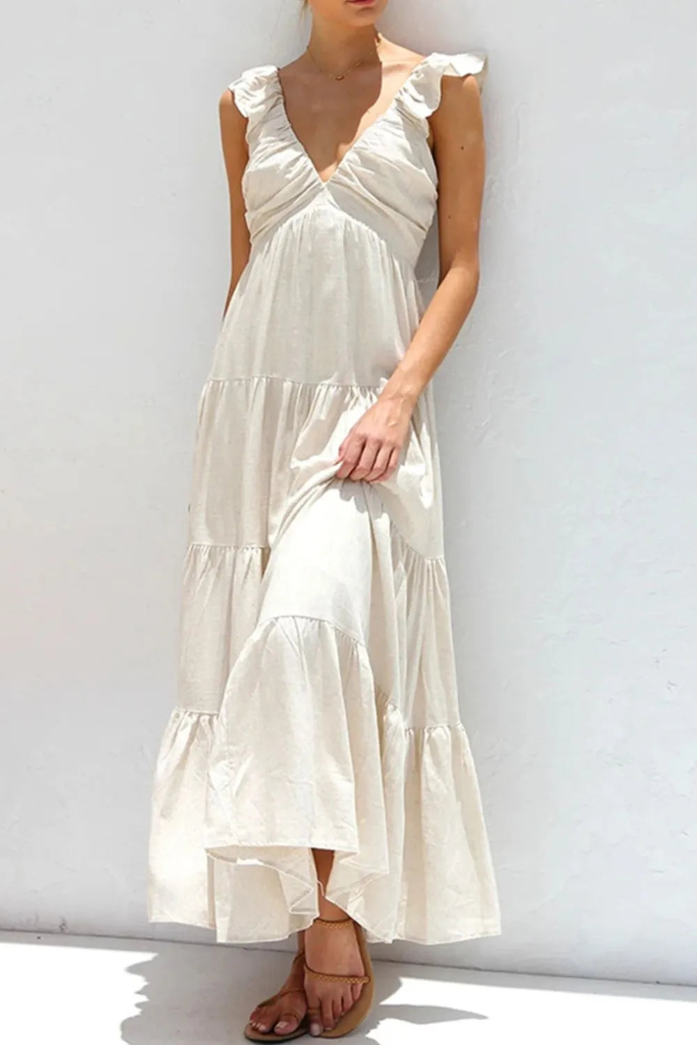 Women's Ruffled V-Neck Tiered Maxi Dress - Maxi Dresses