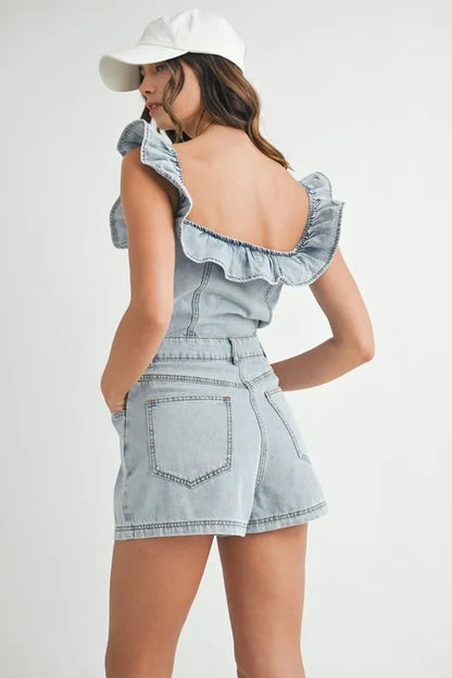 Off Shoulder Ruffle Detail Denim Romper - Rompers