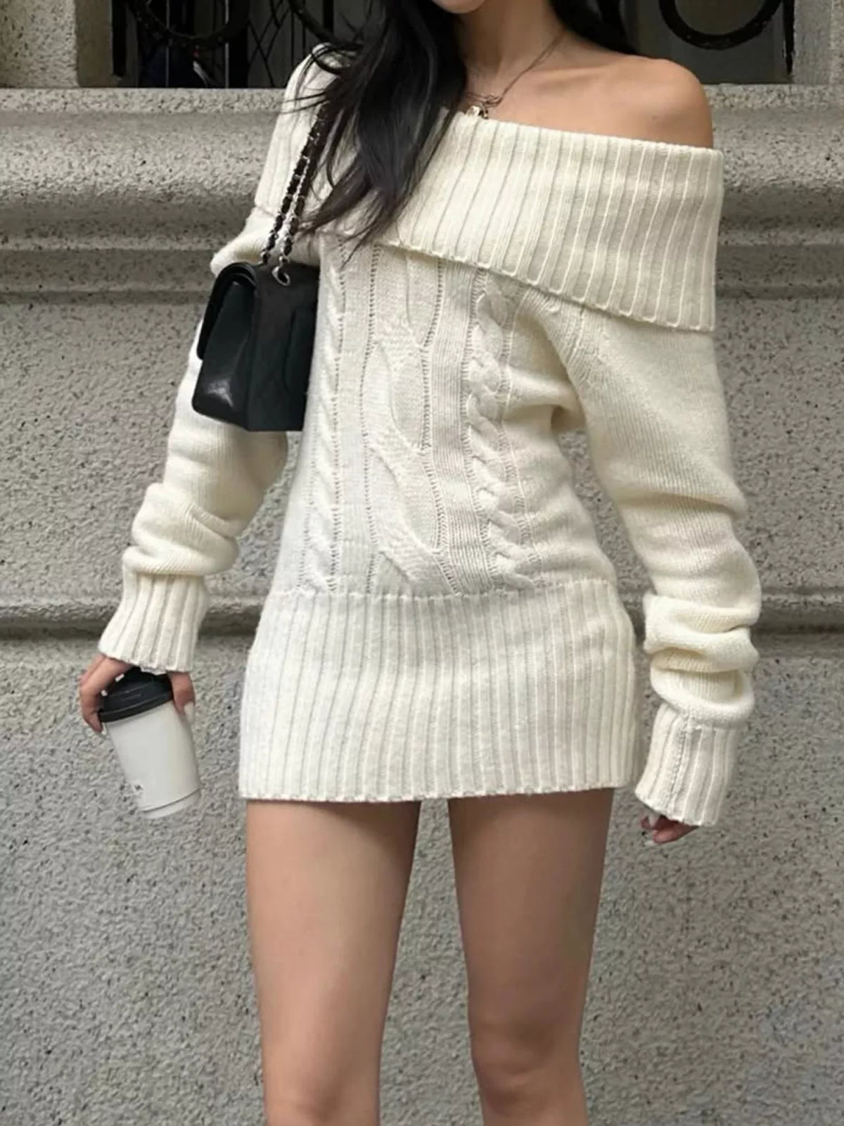 Off-Shoulder Cable-Knit Sweater Dress with Ribbed Details