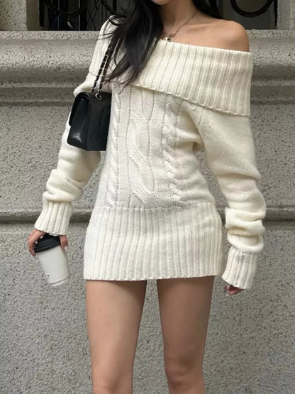 Off-Shoulder Cable-Knit Sweater Dress with Ribbed Details