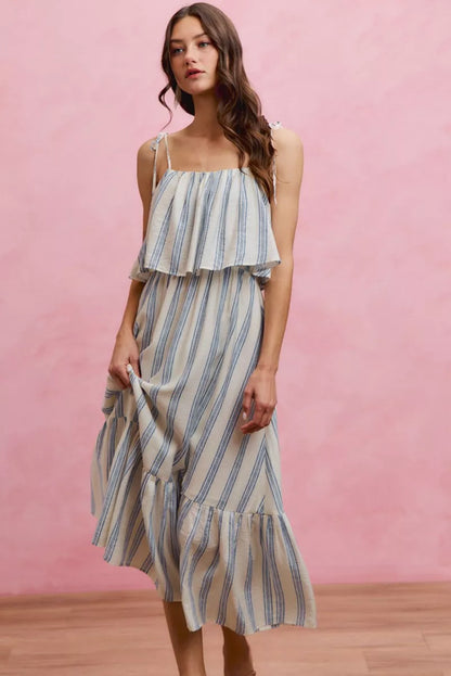 Women's Striped Tiered Shoulder Tie Midi Dress - Midi Dresses