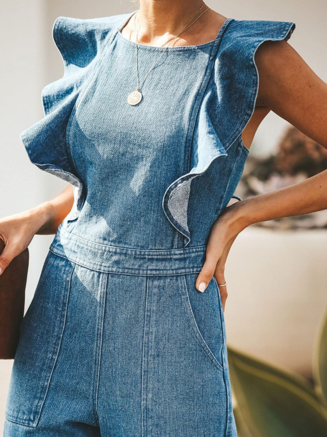 Women's Ruffled Sleeveless Denim Jumpsuit - Jumpsuits