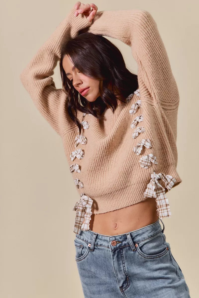 Checkered Plaid Tape Lace Up Ribbed Sweater - Sweaters