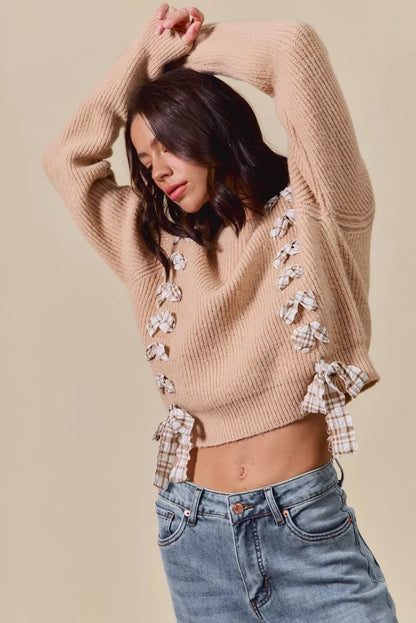 Checkered Plaid Tape Lace Up Ribbed Sweater - Sweaters