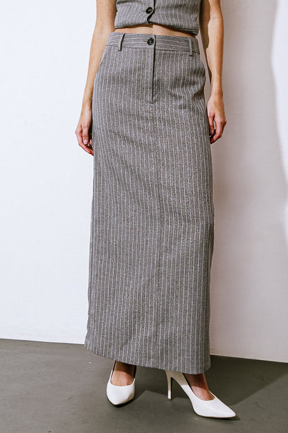 GREY Striped Full Length Skirt with Back Slit | Trendy Skirts Outfit Idea for Women by Ro + Ivy | Elevated Basics, Modern Comfort & Style