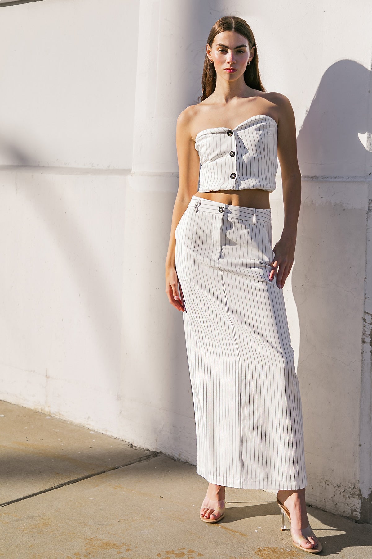 Striped Full Length Skirt with Back Slit | Trendy Skirts Outfit Idea for Women by Ro + Ivy | Elevated Basics, Modern Comfort & Style