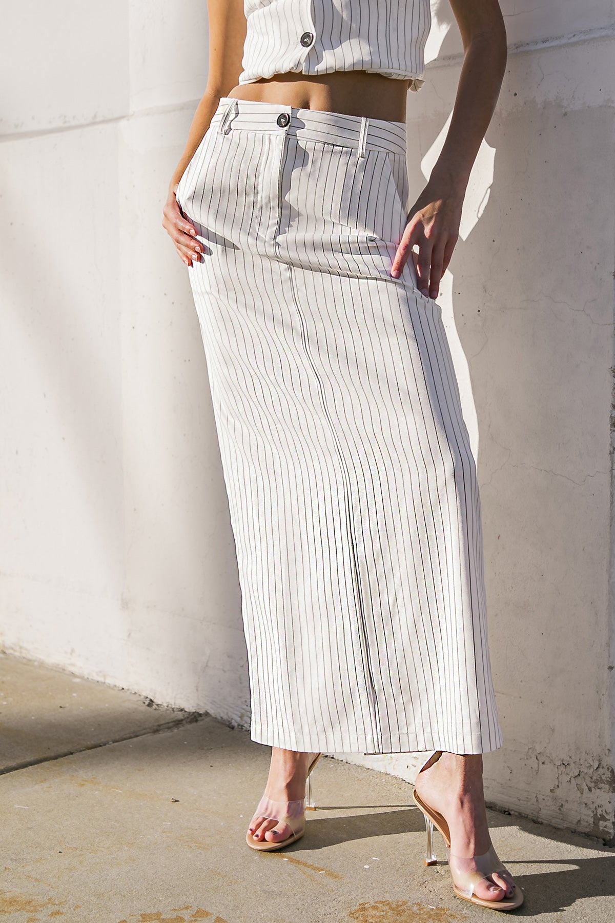 WHITE Striped Full Length Skirt with Back Slit | Trendy Skirts Outfit Idea for Women by Ro + Ivy | Elevated Basics, Modern Comfort & Style