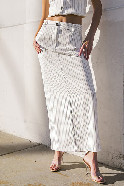 WHITE Striped Full Length Skirt with Back Slit | Trendy Skirts Outfit Idea for Women by Ro + Ivy | Elevated Basics, Modern Comfort & Style