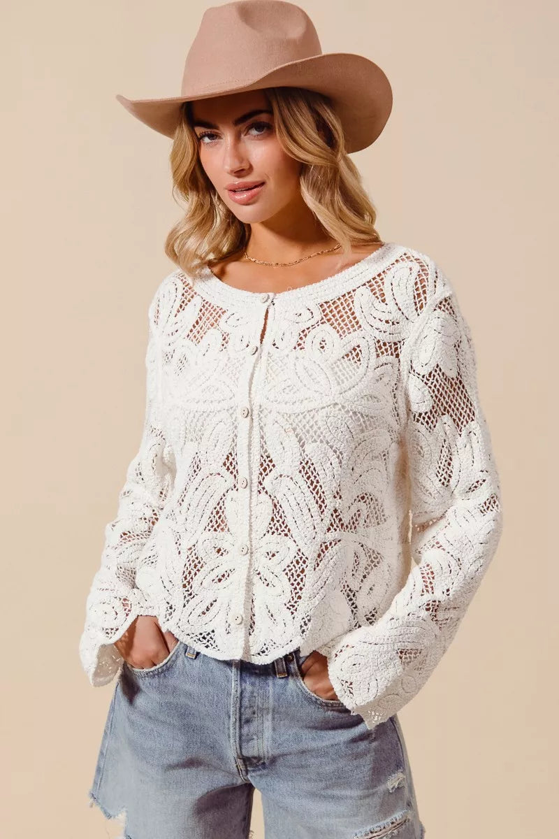 Floral Pattern Button Front Crochet Lace Cardigan — Delicate Lightweight Feminine Layering Style - OFF WHITE Cardigans