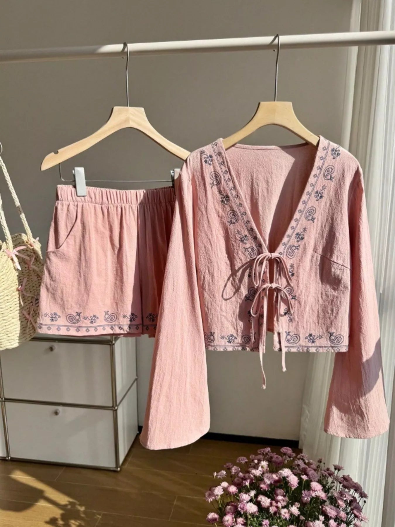 Women's Embroidered Tie Front Top and Shorts Set - Matching Sets