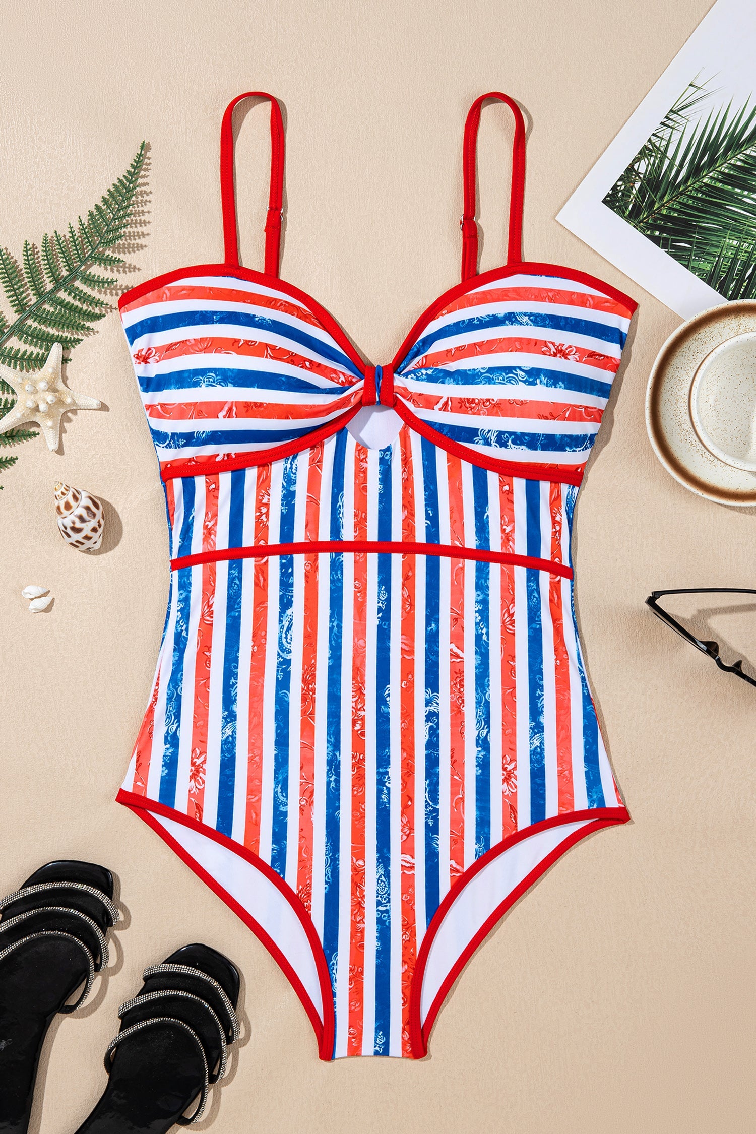 Americana Stars & Stripes Cutout Spaghetti Strap One-Piece Swimsuit — Patriotic Floral Accent Summery Style - One-Piece Swimsuits