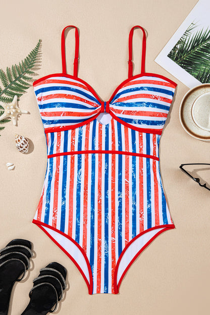 Americana Stars & Stripes Cutout Spaghetti Strap One-Piece Swimsuit — Patriotic Floral Accent Summery Style - One-Piece Swimsuits