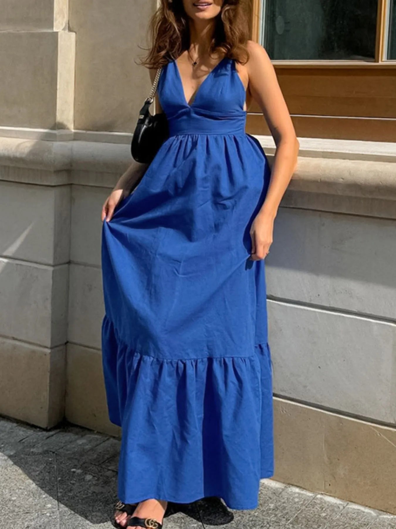 Women's V-Neck Tiered Maxi Cami Dress - Blue Maxi Dresses