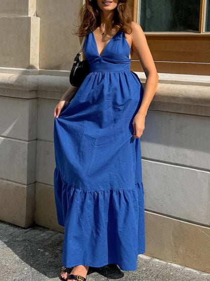 Women's V-Neck Tiered Maxi Cami Dress - Blue Maxi Dresses