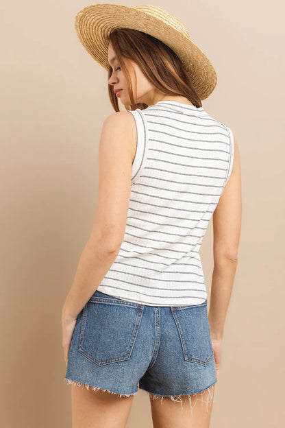 100% Cotton Striped Round Neck Tank Top - Tank Tops