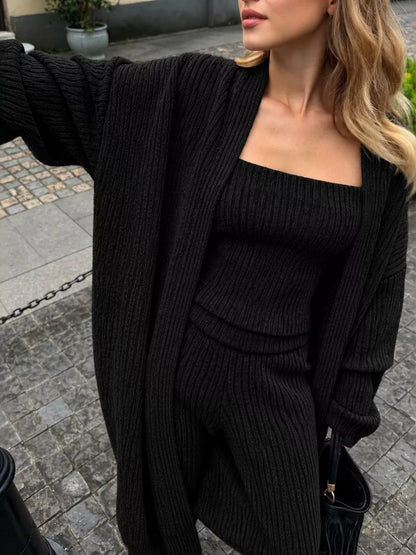 Ribbed Knit Three-Piece Sweater Loungewear Set Black