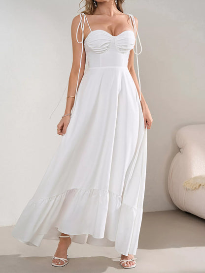 Sweetheart Neck Tie-Strap Ruffle Hem Maxi Dress - Maxi Dresses