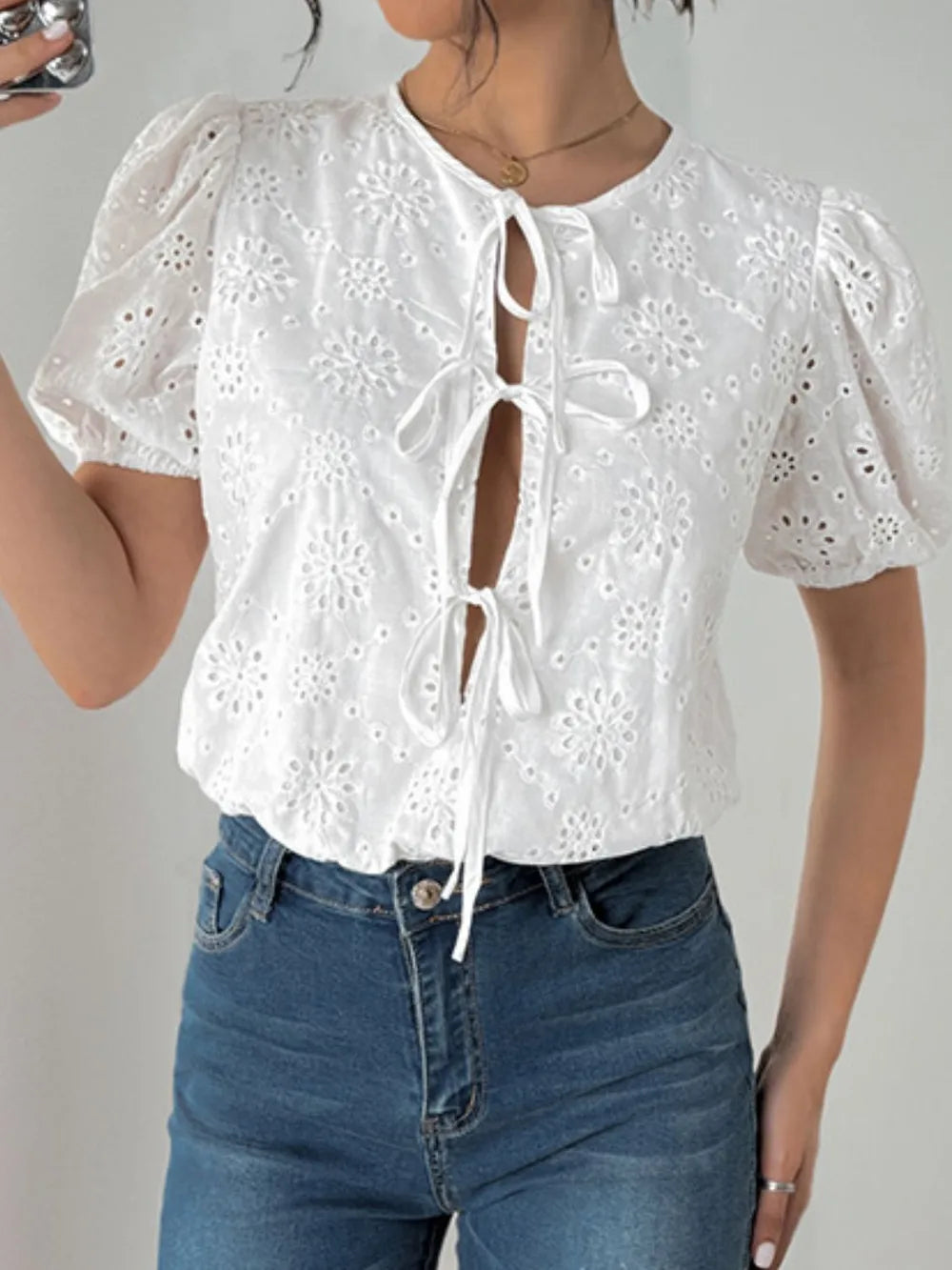 Tied Eyelet Puff Short Sleeve Bodysuit - Bodysuits