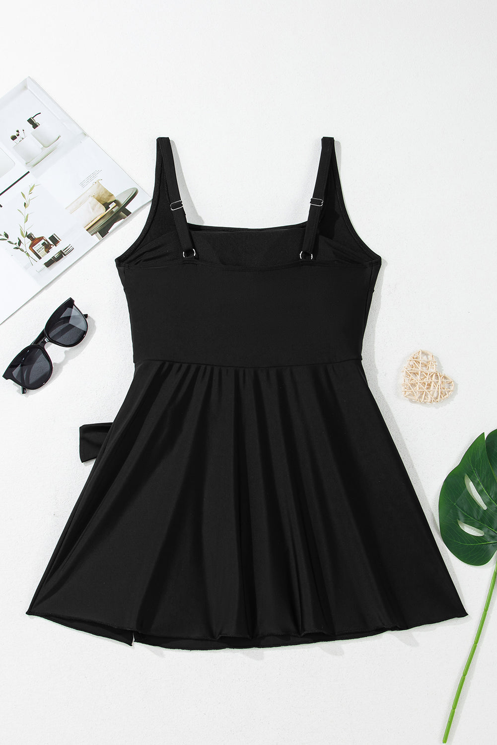 Solid Wrap Tie Waist Square Neck A-Line Swim Dress — Slimming Silhouette Elegant Beach Style - Swimwear